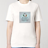 Planet Friendly Logo - Square - Ocean Light | T-Shirt | Adult | Crewneck Short Sleeve | 180gsm Medium Fit | Off White