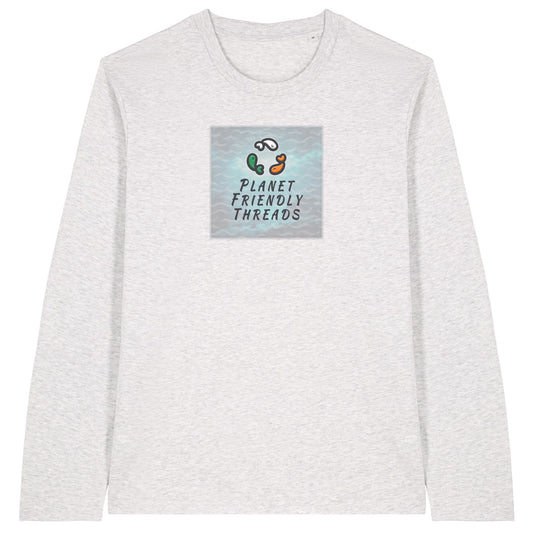 Planet Friendly Logo - Square - Ocean Light | T-Shirt | Adult | Crewneck Long Sleeve | 180gsm Medium Fit | Cool Heather Grey