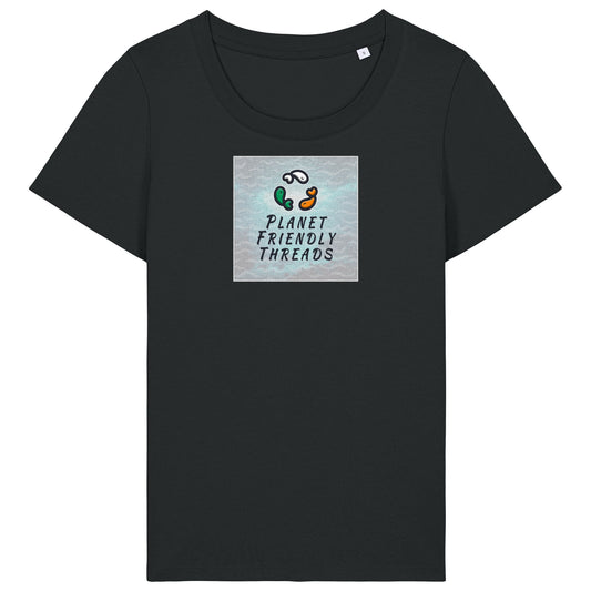 Planet Friendly Logo - Square - Ocean Light | T-Shirt | Adult | Ladies Short Sleeve | 155gsm Fitted | Black