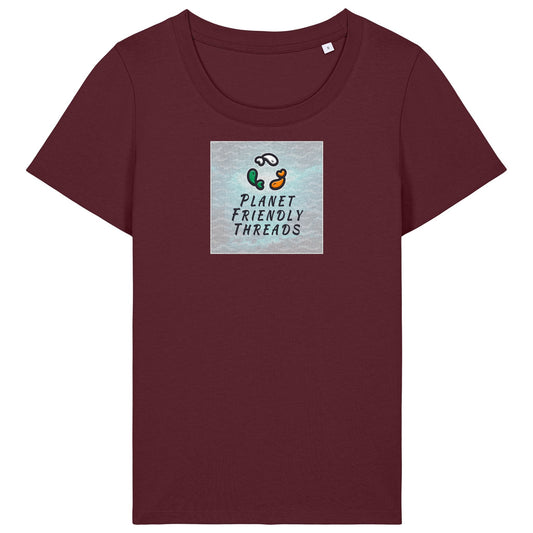 Planet Friendly Logo - Square - Ocean Light | T-Shirt | Adult | Ladies Short Sleeve | 155gsm Fitted | Burgundy