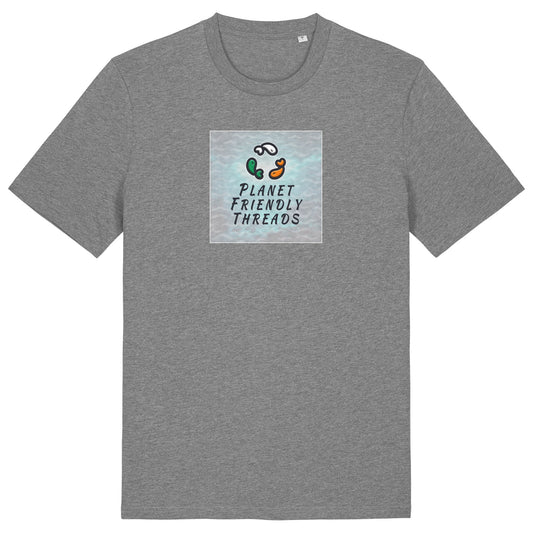 Planet Friendly Logo - Square - Ocean Light | T-Shirt | Adult | Crewneck Short Sleeve | 180gsm Medium Fit | Mid Heather Grey