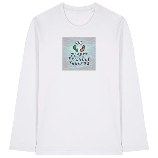 Planet Friendly Logo - Square - Ocean Light | T-Shirt | Adult | Crewneck Long Sleeve | 180gsm Medium Fit | White