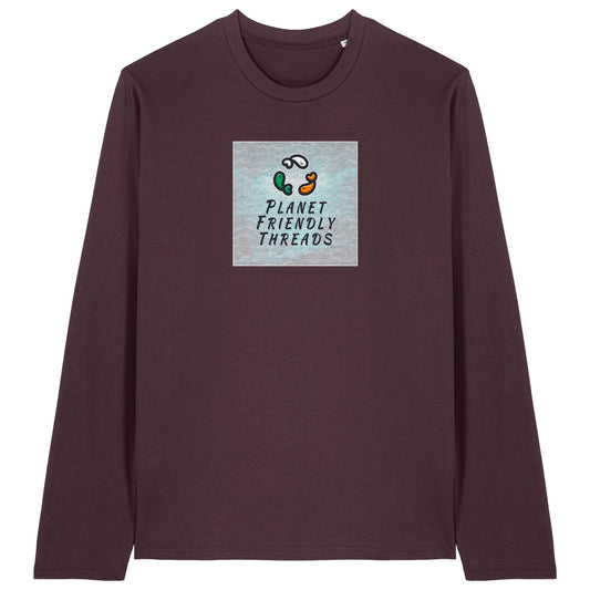 Planet Friendly Logo - Square - Ocean Light | T-Shirt | Adult | Crewneck Long Sleeve | 180gsm Medium Fit | Red Brown
