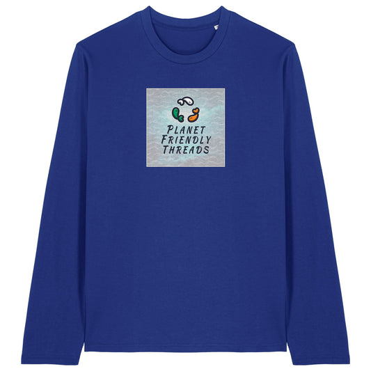 Planet Friendly Logo - Square - Ocean Light | T-Shirt | Adult | Crewneck Long Sleeve | 180gsm Medium Fit | Worker Blue