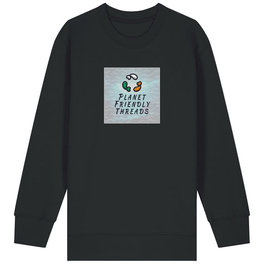 Planet Friendly Logo - Square - Ocean Light | Jumper | Kids | Crewneck | 300gsm Medium Fit | Black