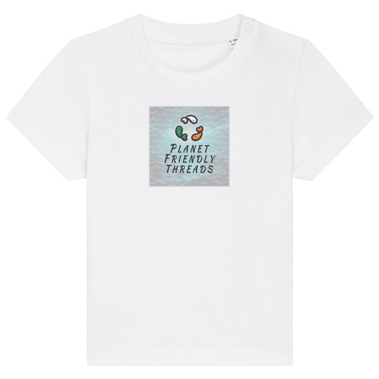 Planet Friendly Logo - Square - Ocean Light | T-Shirt | Baby | Crewneck Short Sleeve | 155gsm Medium Fit | White