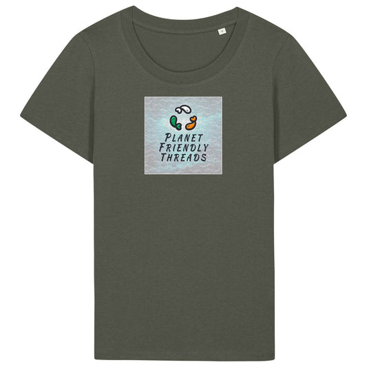 Planet Friendly Logo - Square - Ocean Light | T-Shirt | Adult | Ladies Short Sleeve | 155gsm Fitted | Khaki