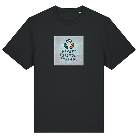 Planet Friendly Logo - Square - Ocean Light | T-Shirt | Adult | Crewneck Short Sleeve | 215gsm Relaxed Fit | Black