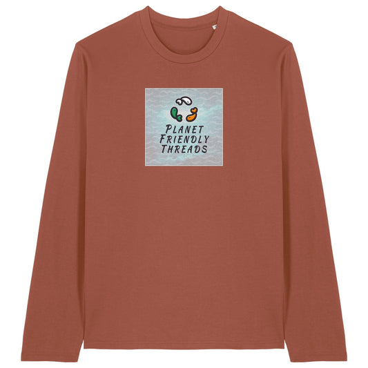 Planet Friendly Logo - Square - Ocean Light | T-Shirt | Adult | Crewneck Long Sleeve | 180gsm Medium Fit | Heritage Brown