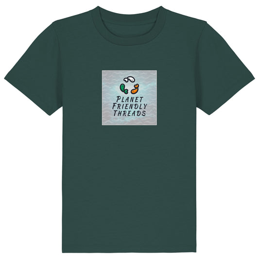 Planet Friendly Logo - Square - Ocean Light | T-Shirt | Kids | Crewneck Short Sleeve | 155gsm Medium Fit | Glazed Green