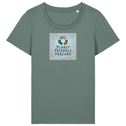 Planet Friendly Logo - Square - Ocean Light | T-Shirt | Adult | Ladies Short Sleeve | 155gsm Fitted | Green Bay