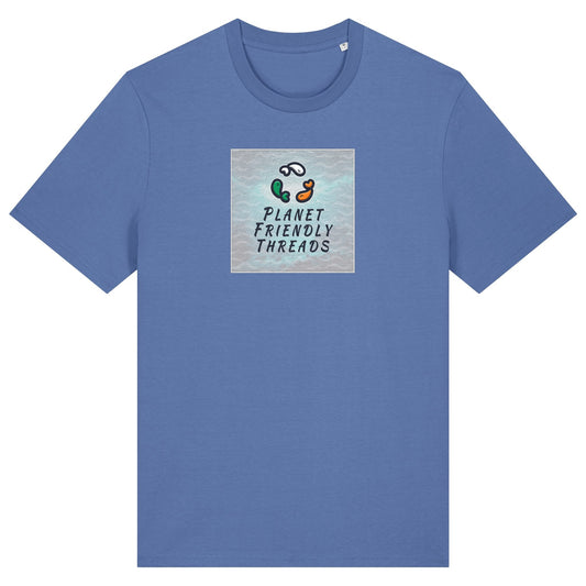 Planet Friendly Logo - Square - Ocean Light | T-Shirt | Adult | Crewneck Short Sleeve | 180gsm Medium Fit | Bright Blue