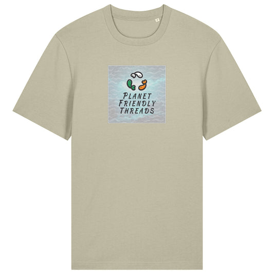 Planet Friendly Logo - Square - Ocean Light | T-Shirt | Adult | Crewneck Short Sleeve | 215gsm Relaxed Fit | Stone