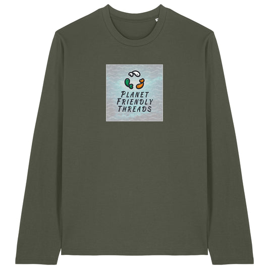 Planet Friendly Logo - Square - Ocean Light | T-Shirt | Adult | Crewneck Long Sleeve | 180gsm Medium Fit | Khaki