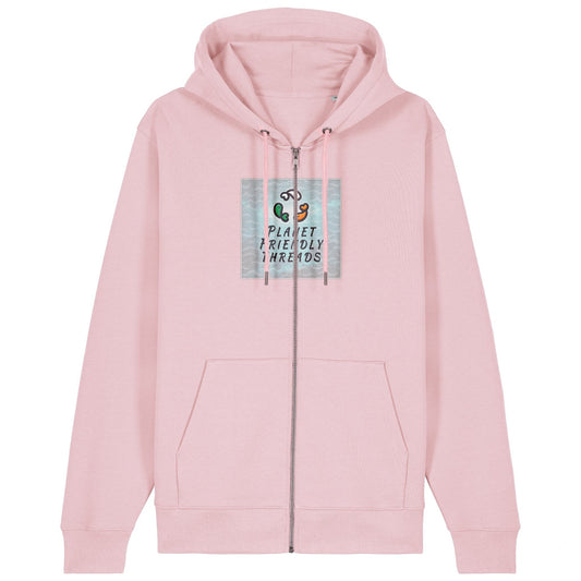 Planet Friendly Logo - Square - Ocean Light | Hoodie | Adult | Zip | 350gsm Medium Fit | Cotton Pink