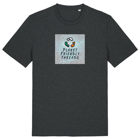 Planet Friendly Logo - Square - Ocean Light | T-Shirt | Adult | Crewneck Short Sleeve | 180gsm Medium Fit | Dark Heather Grey