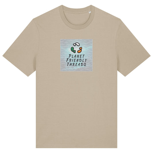 Planet Friendly Logo - Square - Ocean Light | T-Shirt | Adult | Crewneck Short Sleeve | 180gsm Medium Fit | Desert Dust