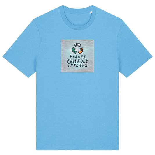 Planet Friendly Logo - Square - Ocean Light | T-Shirt | Adult | Crewneck Short Sleeve | 180gsm Medium Fit | Aqua Blue