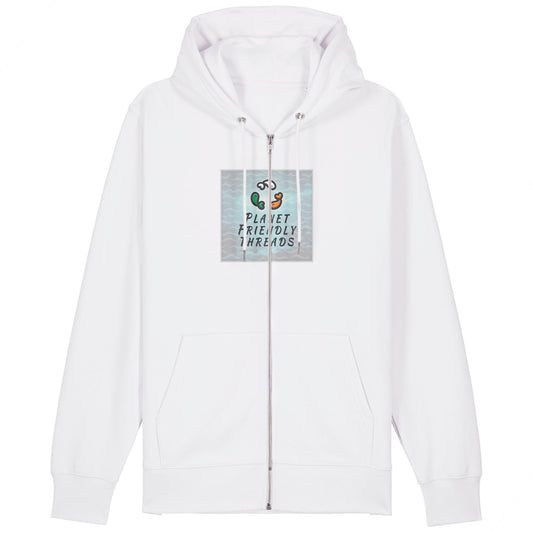 Planet Friendly Logo - Square - Ocean Light | Hoodie | Adult | Zip | 350gsm Medium Fit | White