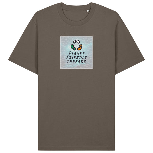 Planet Friendly Logo - Square - Ocean Light | T-Shirt | Adult | Crewneck Short Sleeve | 215gsm Relaxed Fit | Mocha