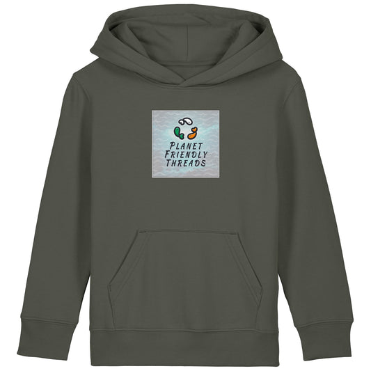 Planet Friendly Logo - Square - Ocean Light | Hoodie | Kids | Cosy | 300gsm Medium Fit | Khaki