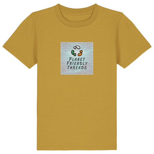 Planet Friendly Logo - Square - Ocean Light | T-Shirt | Kids | Crewneck Short Sleeve | 155gsm Medium Fit | Ochre