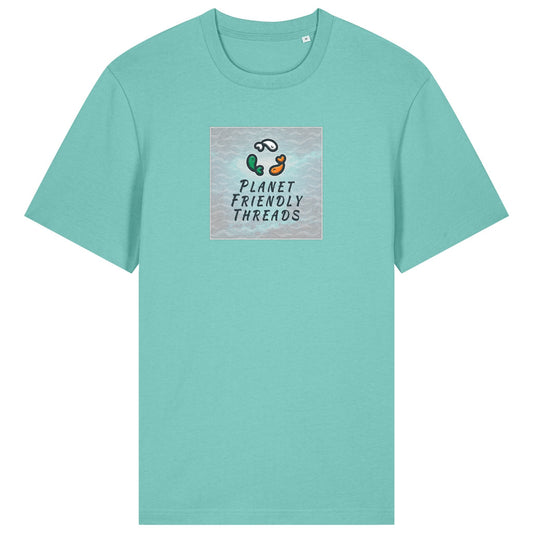 Planet Friendly Logo - Square - Ocean Light | T-Shirt | Adult | Crewneck Short Sleeve | 215gsm Relaxed Fit | Pool Blue