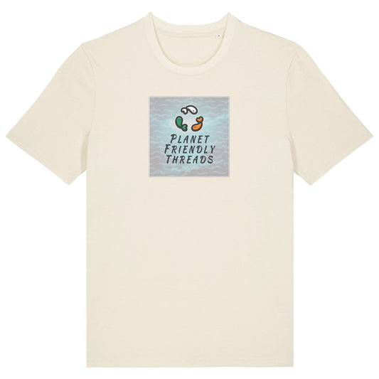 Planet Friendly Logo - Square - Ocean Light | T-Shirt | Adult | Crewneck Short Sleeve | 180gsm Medium Fit | Natural Raw