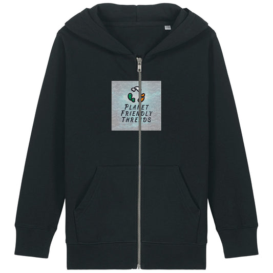 Planet Friendly Logo - Square - Ocean Light | Hoodie | Kids | Zip | 300gsm Medium Fit | Black