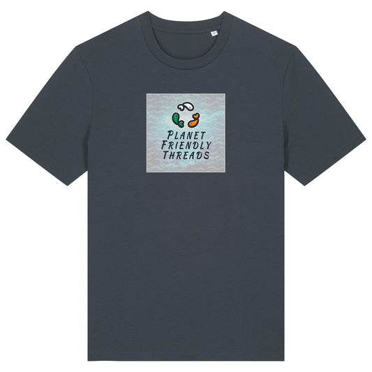 Planet Friendly Logo - Square - Ocean Light | T-Shirt | Adult | Crewneck Short Sleeve | 180gsm Medium Fit | India Ink Grey