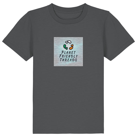 Planet Friendly Logo - Square - Ocean Light | T-Shirt | Kids | Crewneck Short Sleeve | 155gsm Medium Fit | Anthracite