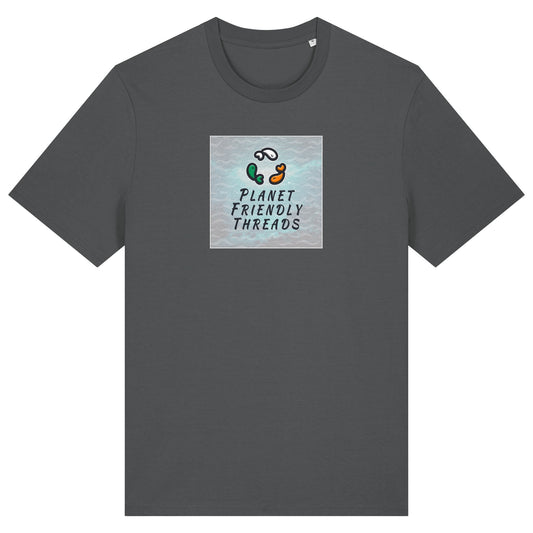 Planet Friendly Logo - Square - Ocean Light | T-Shirt | Adult | Crewneck Short Sleeve | 180gsm Medium Fit | Anthracite