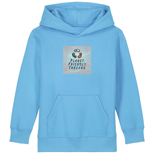 Planet Friendly Logo - Square - Ocean Light | Hoodie | Kids | Cosy | 300gsm Medium Fit | Aqua Blue