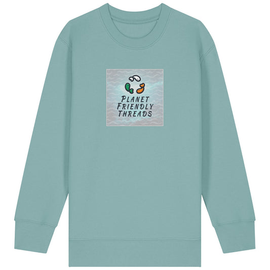 Planet Friendly Logo - Square - Ocean Light | Jumper | Kids | Crewneck | 300gsm Medium Fit | Teal Monstera