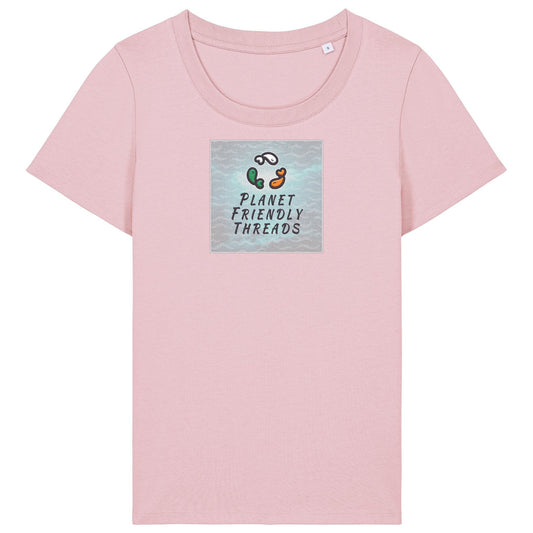 Planet Friendly Logo - Square - Ocean Light | T-Shirt | Adult | Ladies Short Sleeve | 155gsm Fitted | Cotton Pink