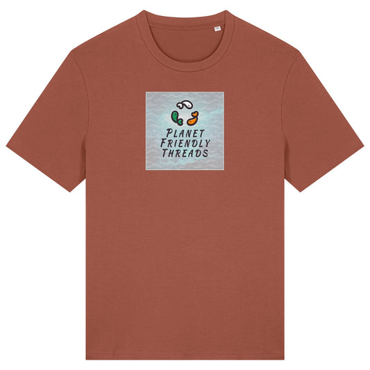 Planet Friendly Logo - Square - Ocean Light | T-Shirt | Adult | Crewneck Short Sleeve | 180gsm Medium Fit | Heritage Brown