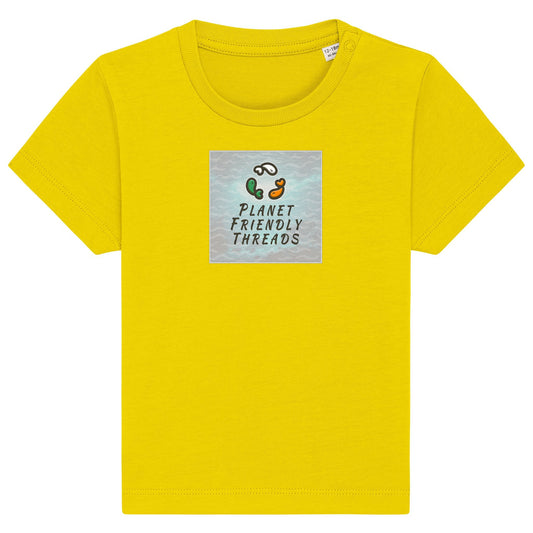 Planet Friendly Logo - Square - Ocean Light | T-Shirt | Baby | Crewneck Short Sleeve | 155gsm Medium Fit | Golden Yellow