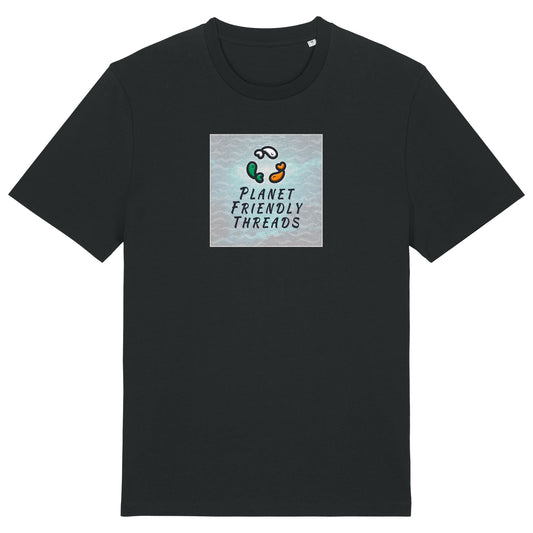 Planet Friendly Logo - Square - Ocean Light | T-Shirt | Adult | Crewneck Short Sleeve | 180gsm Medium Fit | Black