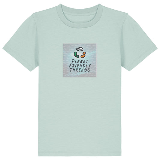 Planet Friendly Logo - Square - Ocean Light | T-Shirt | Kids | Crewneck Short Sleeve | 155gsm Medium Fit | Caribbean Blue