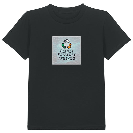 Planet Friendly Logo - Square - Ocean Light | T-Shirt | Kids | Crewneck Short Sleeve | 155gsm Medium Fit | Black