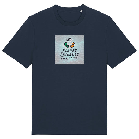 Planet Friendly Logo - Square - Ocean Light | T-Shirt | Adult | Crewneck Short Sleeve | 180gsm Medium Fit | French Navy