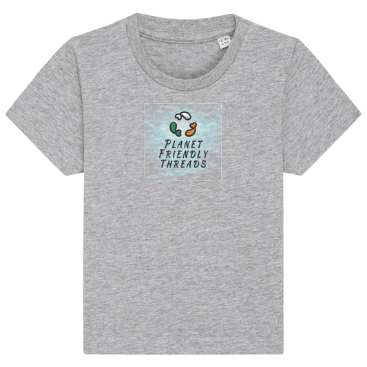 Planet Friendly Logo - Square - Ocean Light | T-Shirt | Baby | Crewneck Short Sleeve | 155gsm Medium Fit | Heather Grey