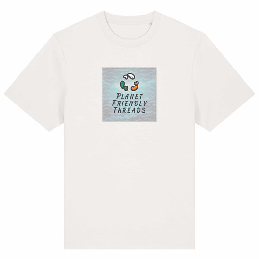 Planet Friendly Logo - Square - Ocean Light | T-Shirt | Adult | Crewneck Short Sleeve | 215gsm Relaxed Fit | Off White
