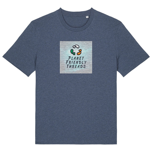 Planet Friendly Logo - Square - Ocean Light | T-Shirt | Adult | Crewneck Short Sleeve | 180gsm Medium Fit | Dark Heather Blue
