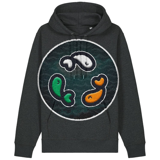 PFT Fish - Circle - Dark | Hoodie | Adult | Cosy | 350gsm Medium Fit | Dark Heather Grey